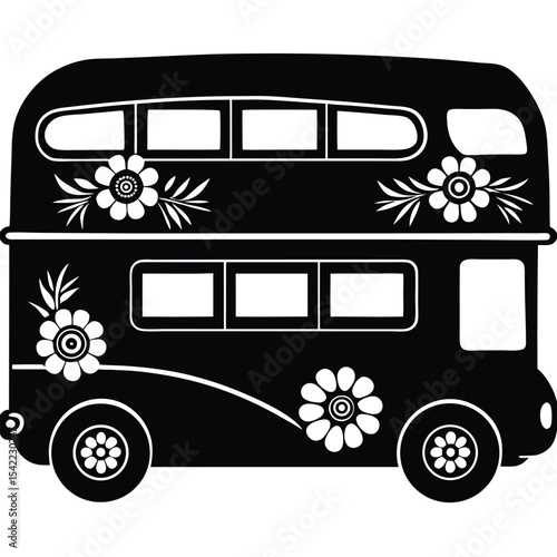 Double decker bus with various floral decoration silhouette black vector art design
