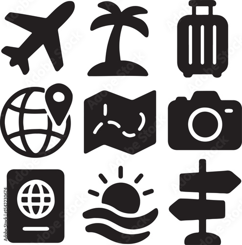 Travel and navigation icon set. Containing suitcase, airplane, globe, and location map symbols. Tourism, vacation, and global mobility silhouettes. Solid icon collection.