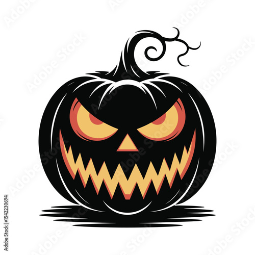 A cute but evil pumpkin with a stitched smile and glowing eye in cartoonish black silhouette vector