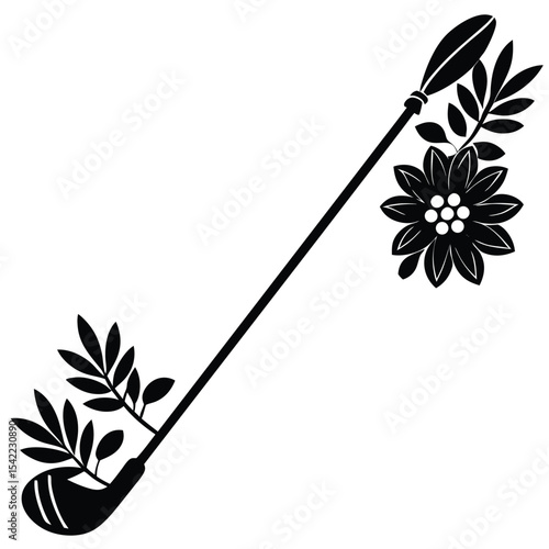 Golf bat with various floral decoration silhouette black vector art design