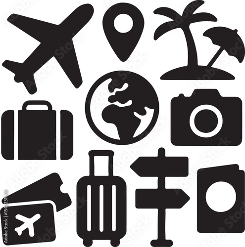 Travel and navigation icon set. Containing suitcase, airplane, globe, and location map symbols. Tourism, vacation, and global mobility silhouettes. Solid icon collection.