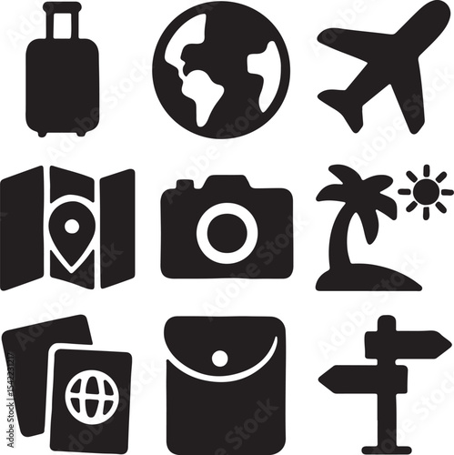 Travel and navigation icon set. Containing suitcase, airplane, globe, and location map symbols. Tourism, vacation, and global mobility silhouettes. Solid icon collection.