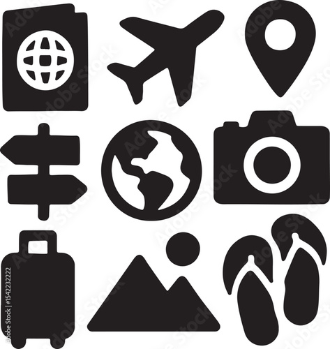 Travel and navigation icon set. Containing suitcase, airplane, globe, and location map symbols. Tourism, vacation, and global mobility silhouettes. Solid icon collection.