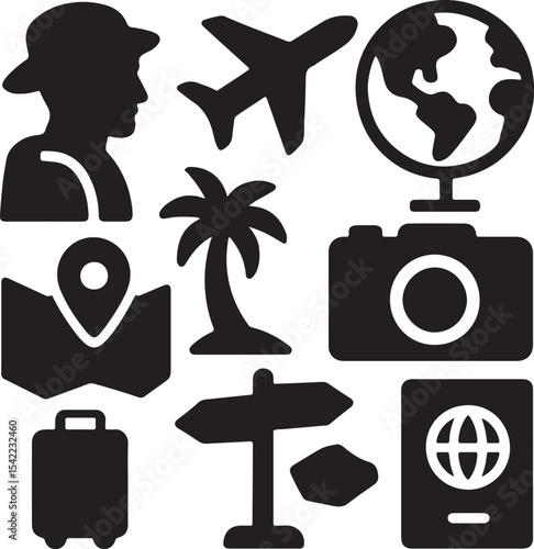 Travel and navigation icon set. Containing suitcase, airplane, globe, and location map symbols. Tourism, vacation, and global mobility silhouettes. Solid icon collection.