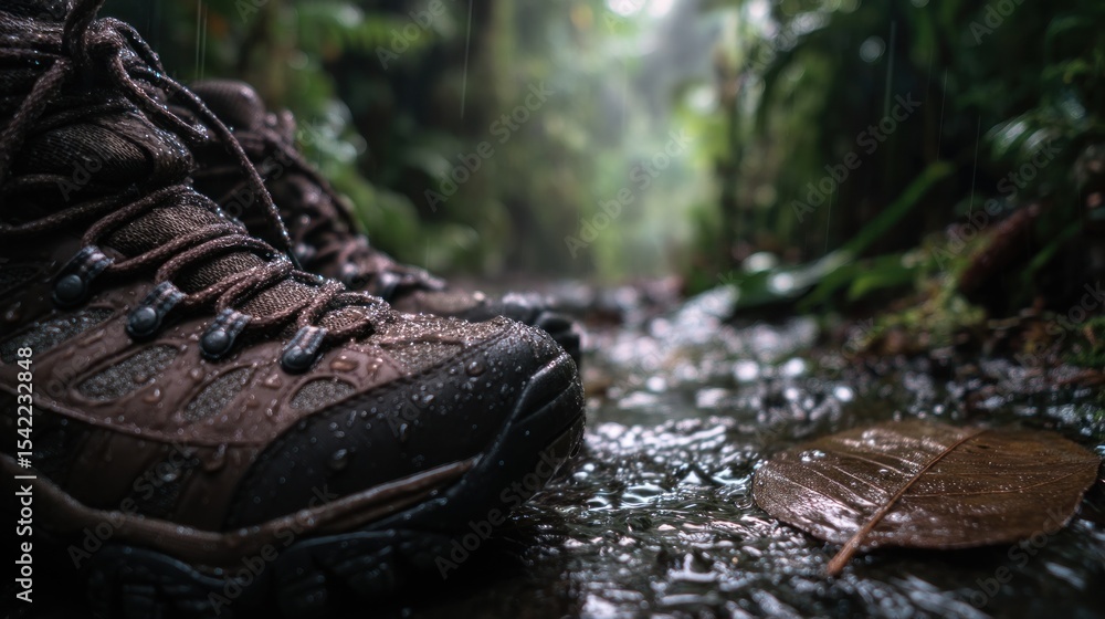 Hiking boots in a rainforest during rain Hiking boots in a rainforest during rain