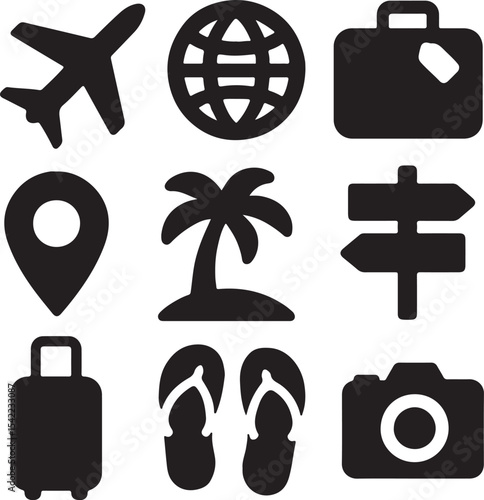 Travel and navigation icon set. Containing suitcase, airplane, globe, and location map symbols. Tourism, vacation, and global mobility silhouettes. Solid icon collection.