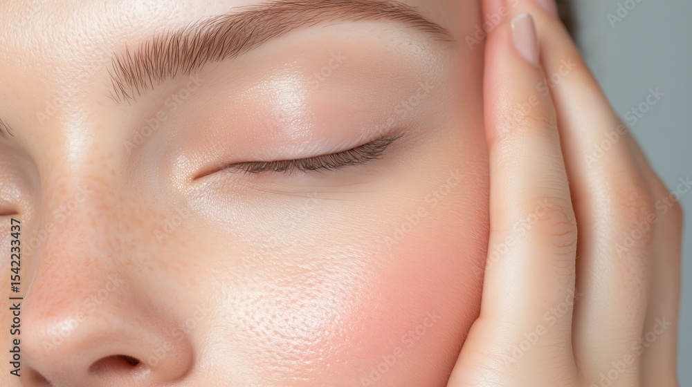 Fototapeta premium Close-up of woman's face with natural makeup and smooth skin highlighting skincare and beauty trends