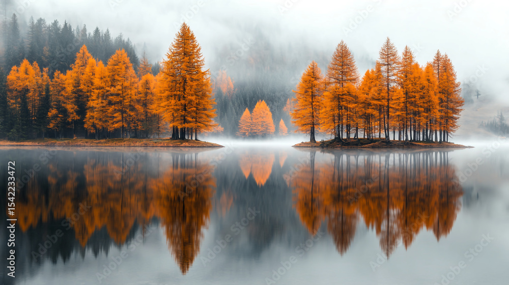 Obraz premium Serene Autumn Forest Reflected in a Foggy Lakeshore Scene
