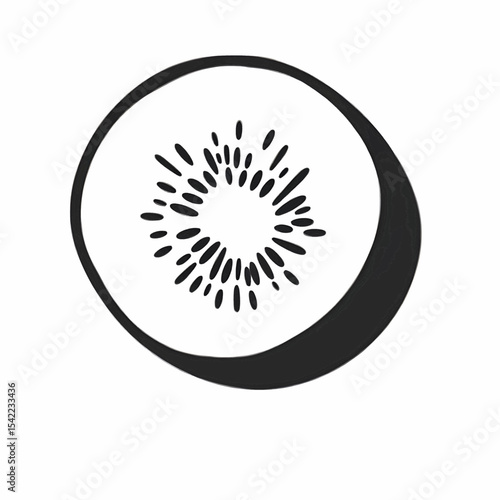 Kiwi crosssection in black and white with seeds arranged around the center core