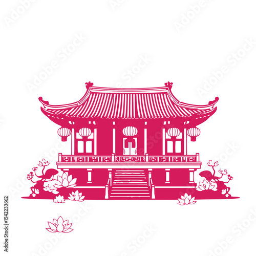Traditional asian temple with lotus and lanterns design concept vector illustration.
