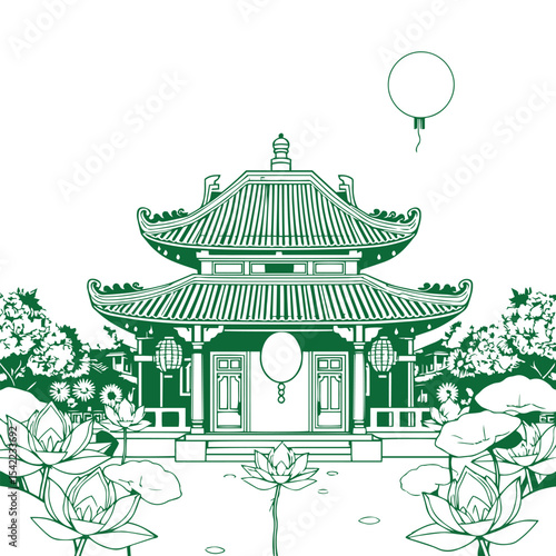 Traditional asian temple with lotus and lanterns design concept vector illustration.