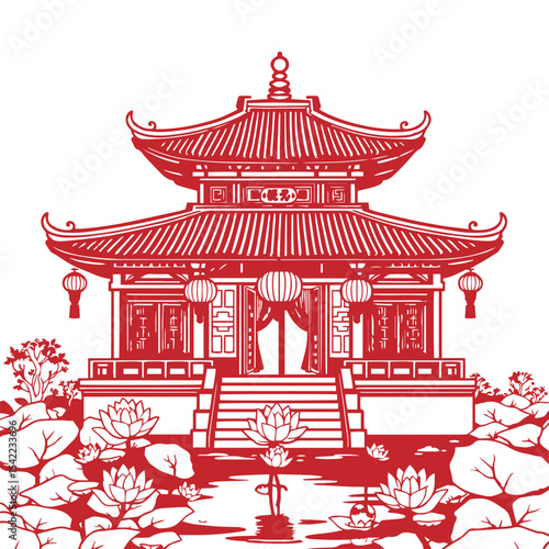 Traditional asian temple with lotus and lanterns design concept vector illustration.