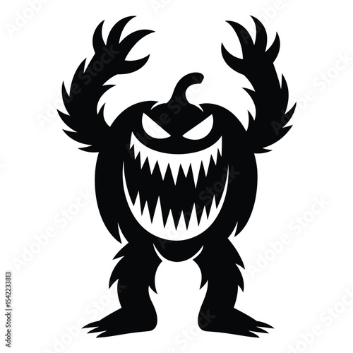 A spooky pumpkin monster with claws and a gaping mouth in black silhouette vector