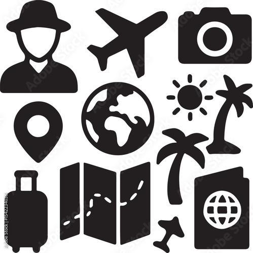 Travel and navigation icon set. Containing suitcase, airplane, globe, and location map symbols. Tourism, vacation, and global mobility silhouettes. Solid icon collection.