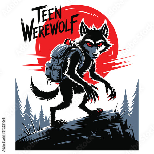 A teen werewolf with a backpack and claws visible under a rising moon in black silhouette vector
