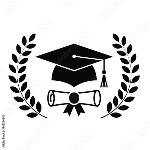 Vector illustration of graduation cap, diploma, and laurel in black and white