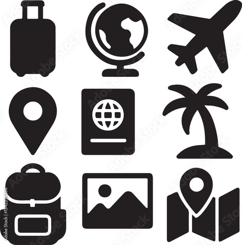Travel and navigation icon set. Containing suitcase, airplane, globe, and location map symbols. Tourism, vacation, and global mobility silhouettes. Solid icon collection.