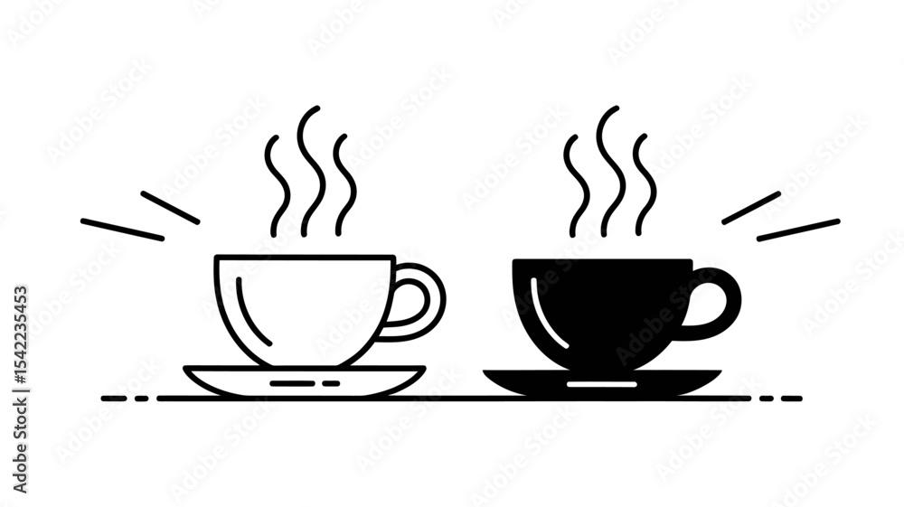 Obraz premium Steaming Coffee or Tea Cup Outline and Solid Vector Icons - Hot Drink Symbol