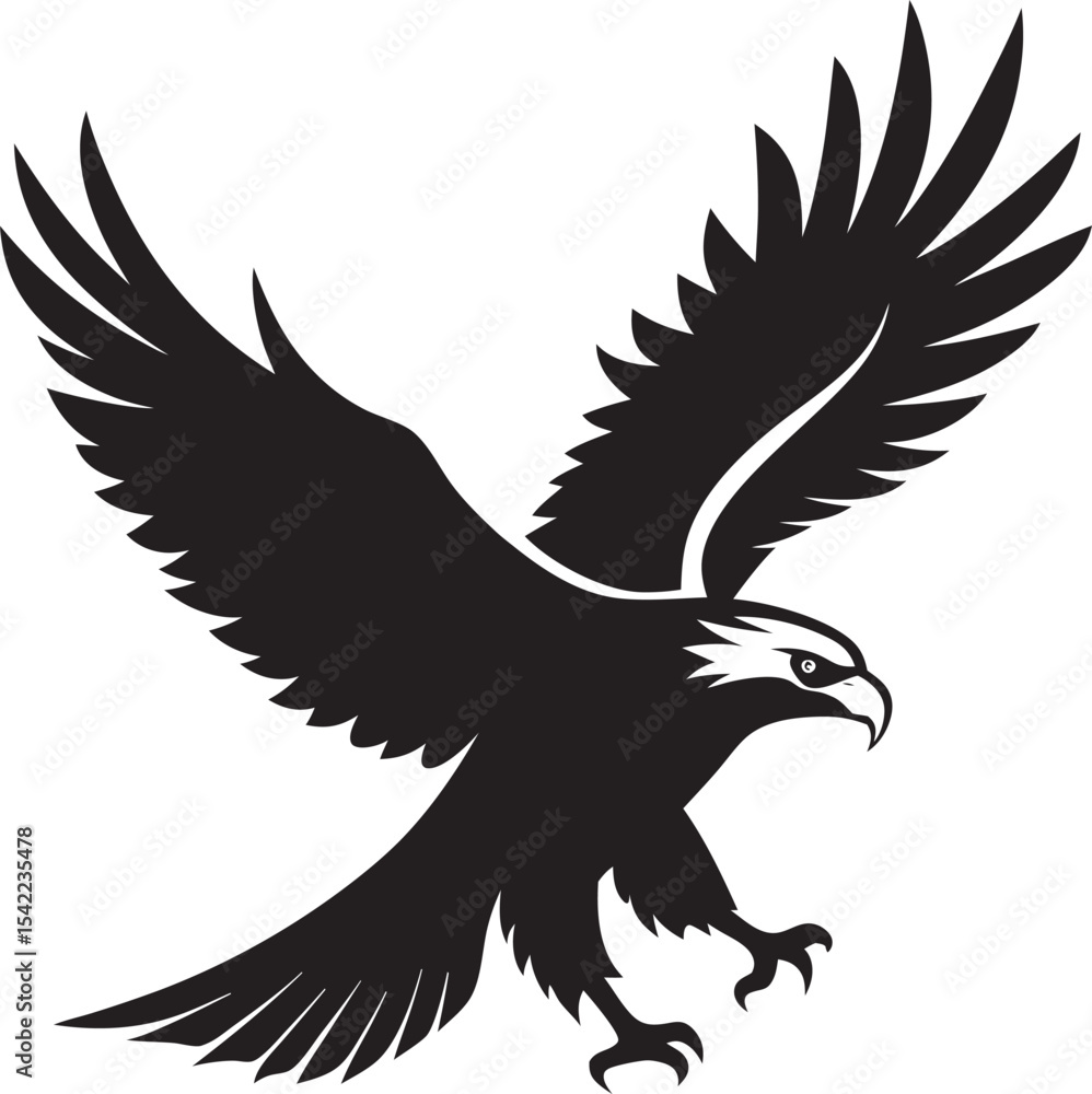 Fototapeta premium Flying eagle vector illustration with outstretched wings in black silhouette style