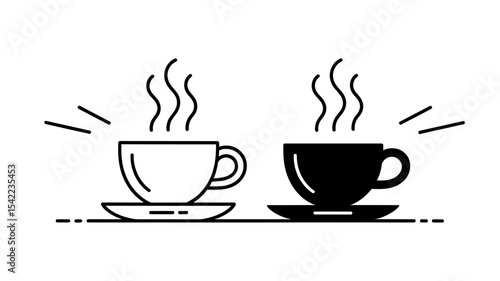 Steaming Coffee or Tea Cup Outline and Solid Vector Icons - Hot Drink Symbol