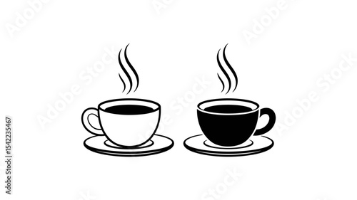 Steaming Coffee or Tea Cup Outline and Solid Vector Icons - Hot Drink Symbol
