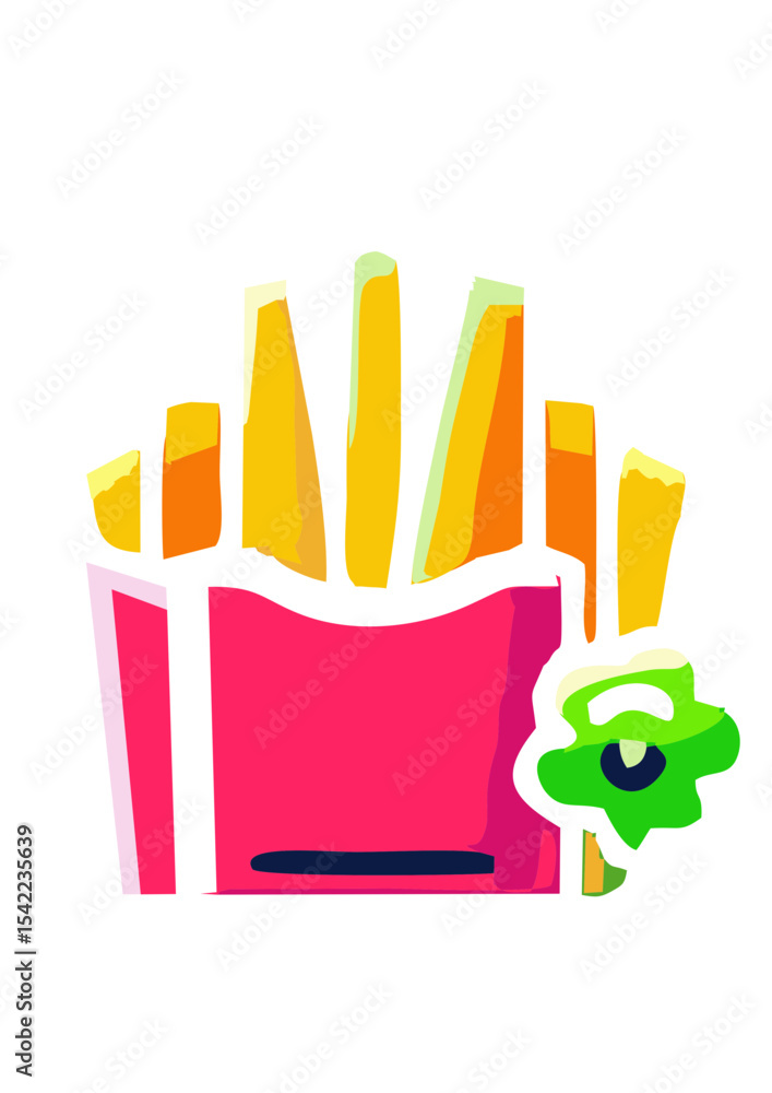 Obraz premium Colorful vector icon of French fries in pink package, fast food illustration for menu and mobile app