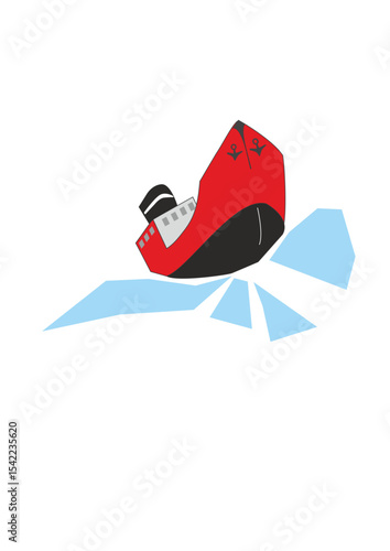 Vector illustration of an icebreaker ship cutting through ice floes, cold arctic scene in flat style