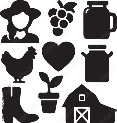 Farming and agriculture icon set. Containing cow, tractor, pitchfork, and corn symbols. Rural life and agricultural equipment silhouettes. Solid icon collection.