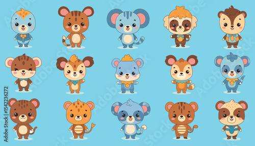 Cartoon animal characters with diverse fur patterns and cheerful expressions.