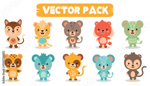 Cartoon animal vector pack featuring a diverse collection of colorful stylized creatures.