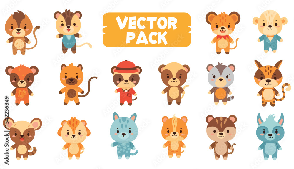 Cartoon animal vector pack featuring diverse stylized and colorful animal characters.