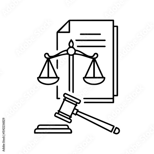 Line art shows scales of justice gavel and document stack indicating legal themes