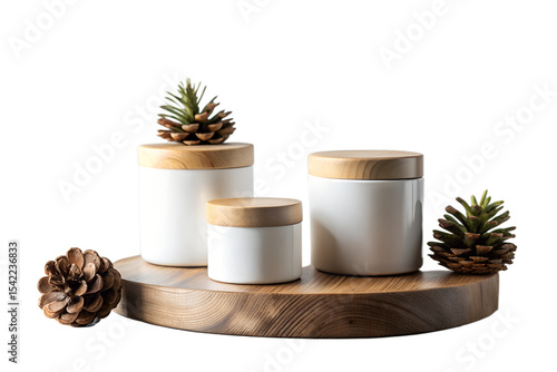 Wallpaper Mural Elegant White Ceramic Jars with Wooden Lids on Wooden Tray - Perfect for Storage or Decor Torontodigital.ca