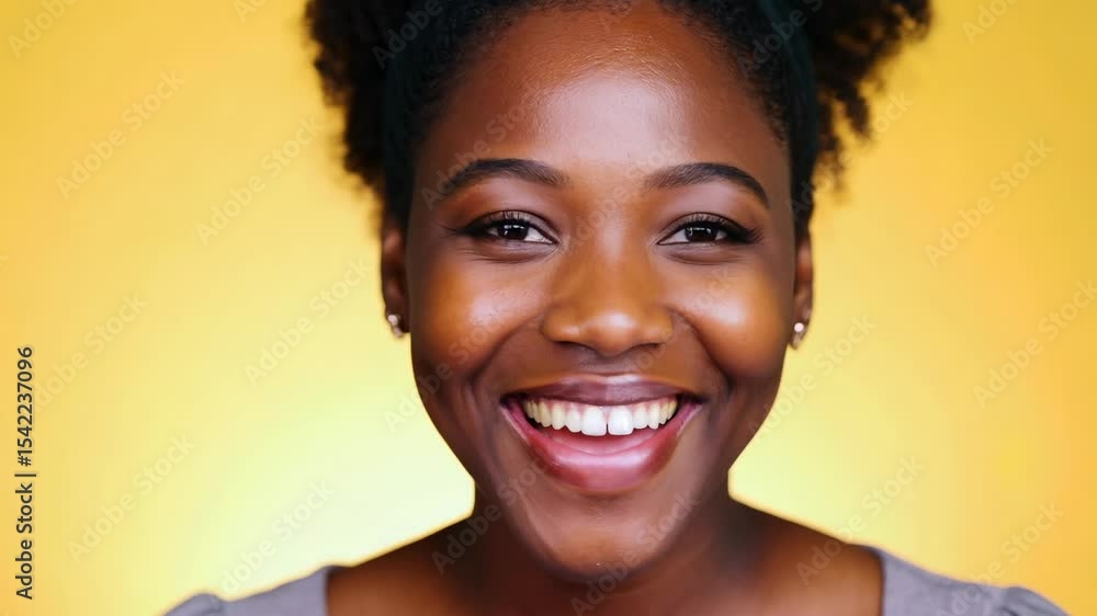 Close-up view of a laughing African American woman on a yellow background. Against the vivid yellow, her cheerful expression invites everyone to share in her joyful spirit. Close-up view of a laughing African American woman on a yellow background. Against the vivid yellow, her cheerful expression invites everyone to share in her joyful spirit.