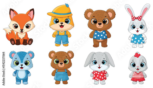Cartoon animals fox wolf bears rabbits in colorful outfits standing upright.
