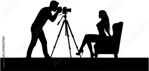 Male photographer with camera on tripod shooting sexy erotic woman model posing sitting on chair silhouette vector.
