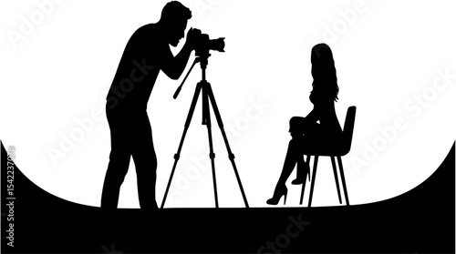 Male photographer with camera on tripod shooting sexy erotic woman model posing sitting on chair silhouette vector.

