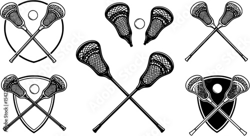 Lacrosse emblems, logos, badges templates. Set of 6 Lacrosse logos and 3 design elements. Lacrosse stick and ball isolated on white background. Lacrosse team vector emblems