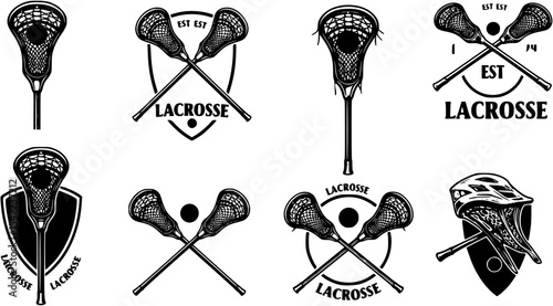 Lacrosse emblems, logos, badges templates. Set of 6 Lacrosse logos and 3 design elements. Lacrosse stick and ball isolated on white background. Lacrosse team vector emblems
