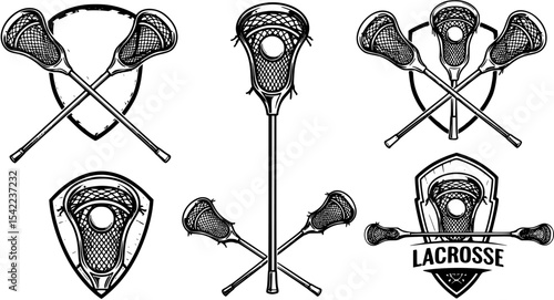 Lacrosse emblems, logos, badges templates. Set of 6 Lacrosse logos and 3 design elements. Lacrosse stick and ball isolated on white background. Lacrosse team vector emblems