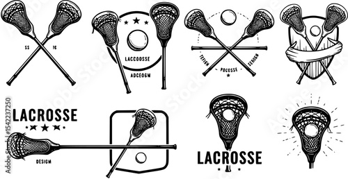 Lacrosse emblems, logos, badges templates. Set of 6 Lacrosse logos and 3 design elements. Lacrosse stick and ball isolated on white background. Lacrosse team vector emblems