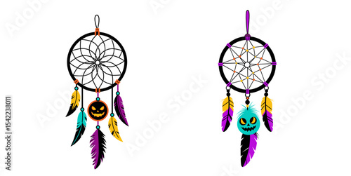 Colorful Halloween dreamcatchers with feathers and spooky motifs  