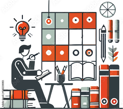 Creative writer at work surrounded by books and stationery generating ideas and inspiration