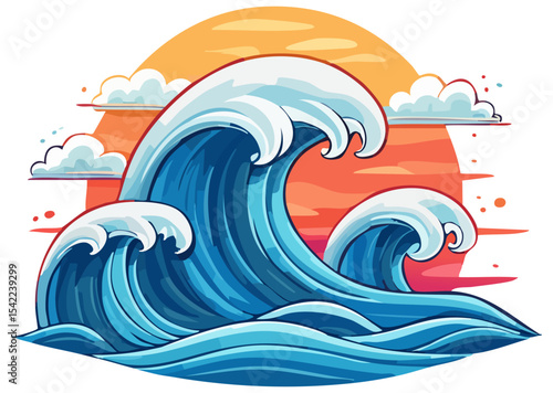 Ocean waves on sunset background clipart illustration, isolated 
