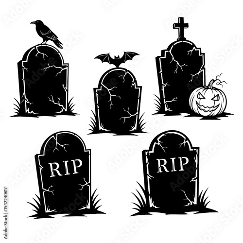 Halloween Tombstone Vector Graphics Crow Bat Pumpkin RIP Designs