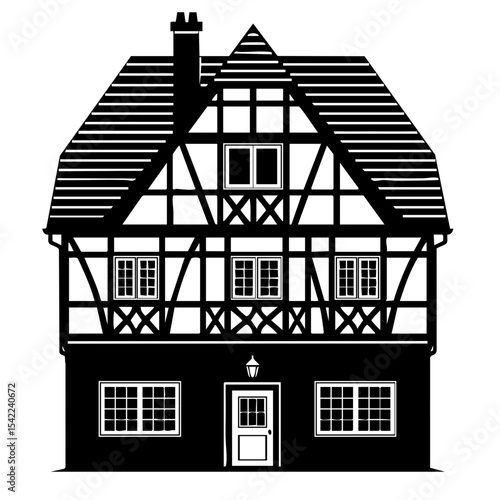 Timber Frame House Vector Black and White Outline