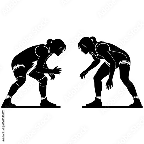 Women Wrestling Silhouette Vector Black Outline