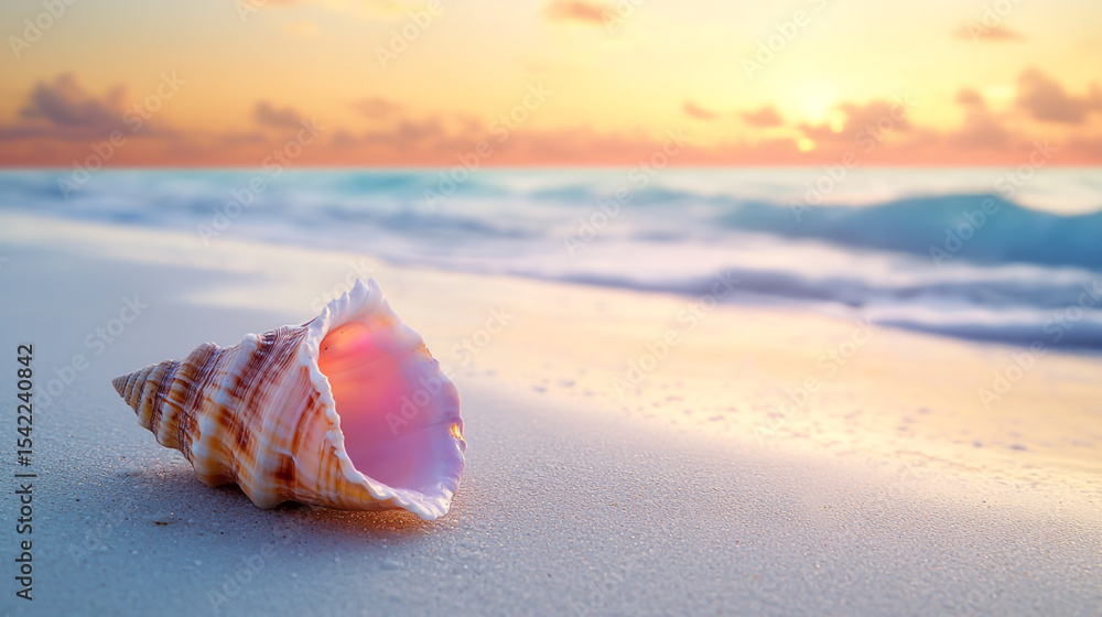 Beautiful seascape with a pink conch shell on a white sand beach at sunset, a summer vacation background Beautiful seascape with a pink conch shell on a white sand beach at sunset, a summer vacation background