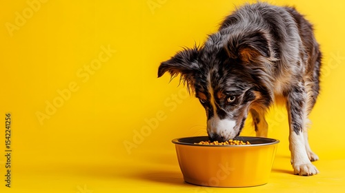 Dog Enjoying Food from Bowl on Bright Yellow Background