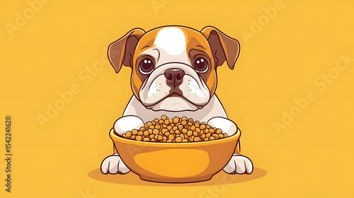 Cute Dog with Bowl of Food on Bright Yellow Background